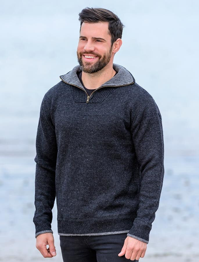 Mens Half Zip Wool Sweater - Charcoal 