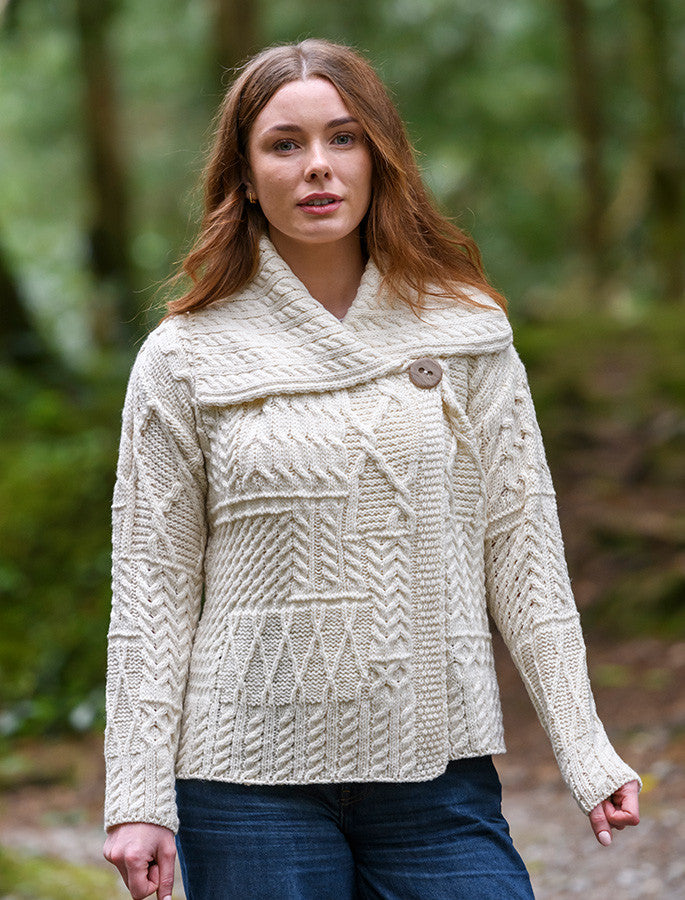 Patchwork Cardigan with Collar - White 