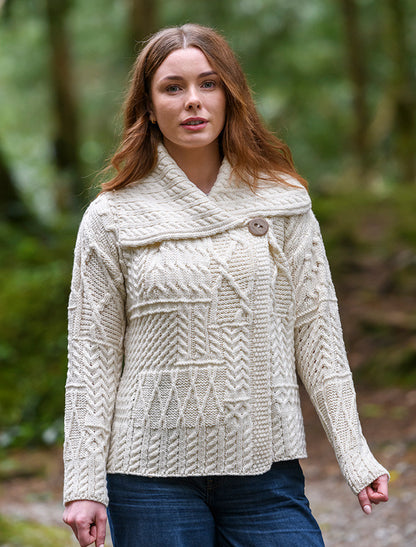 Patchwork Cardigan with Collar - White 