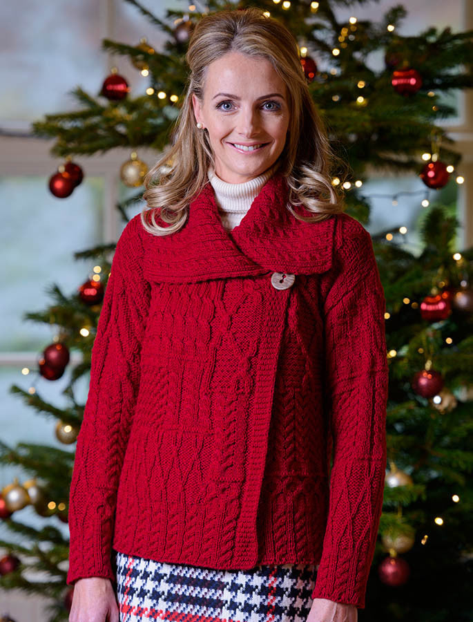 Patchwork Cardigan with Collar - Chillipepper 