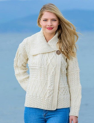 Patchwork Cardigan with Collar - White