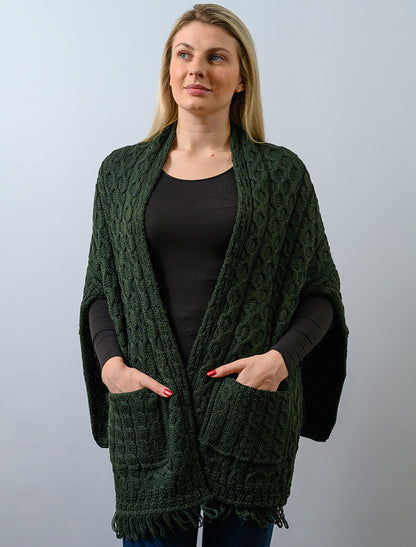 Aran Shawl Wrap with Pockets - Army Green 