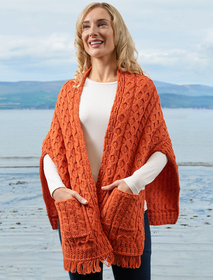 Aran Shawl Wrap with Pockets - Autumn Leaf 
