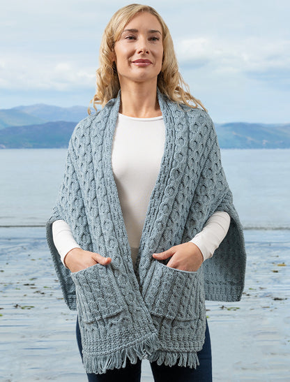 Aran Shawl Wrap with Pockets - Misty Marl 