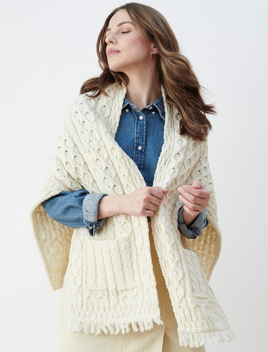 Aran Shawl Wrap with Pockets – Natural White 