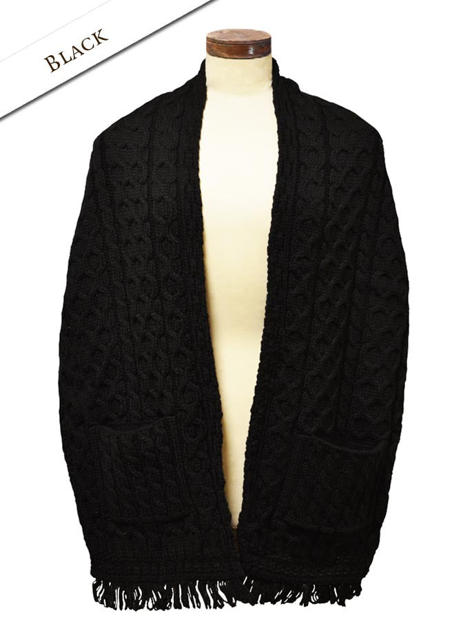 Aran Shawl Wrap with Pockets – Black 