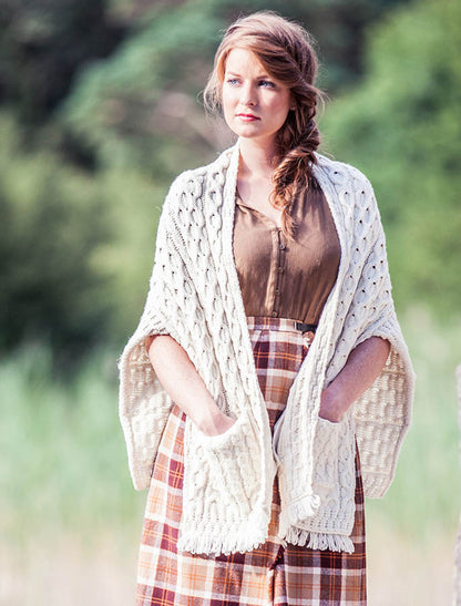 Aran Shawl Wrap with Pockets – Natural White 