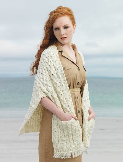 Aran Shawl Wrap with Pockets – Natural White 