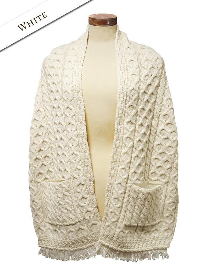 Aran Shawl Wrap with Pockets – White 