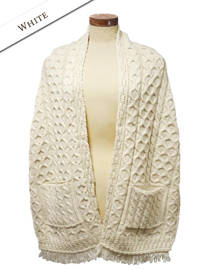Aran Shawl Wrap with Pockets – White 