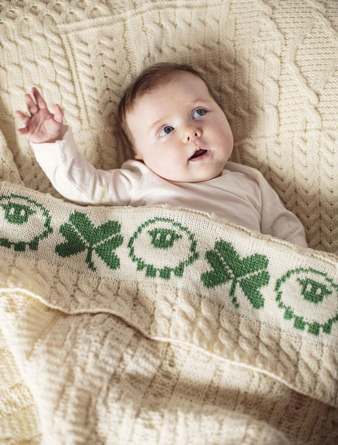 Merino Sheep &amp; Shamrock Baby Throw - White 
