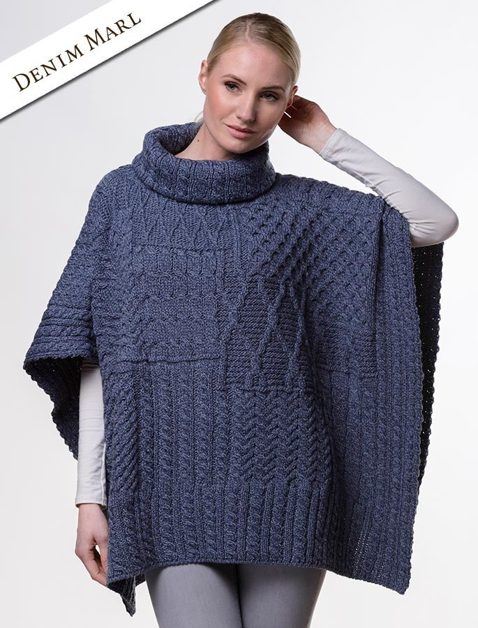 Merino Wool Patchwork Poncho with Collar - Denim Marl 