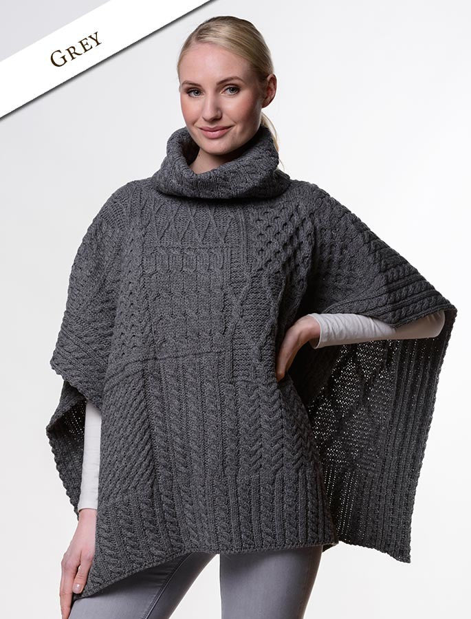Merino Wool Patchwork Poncho with Collar - Grey 