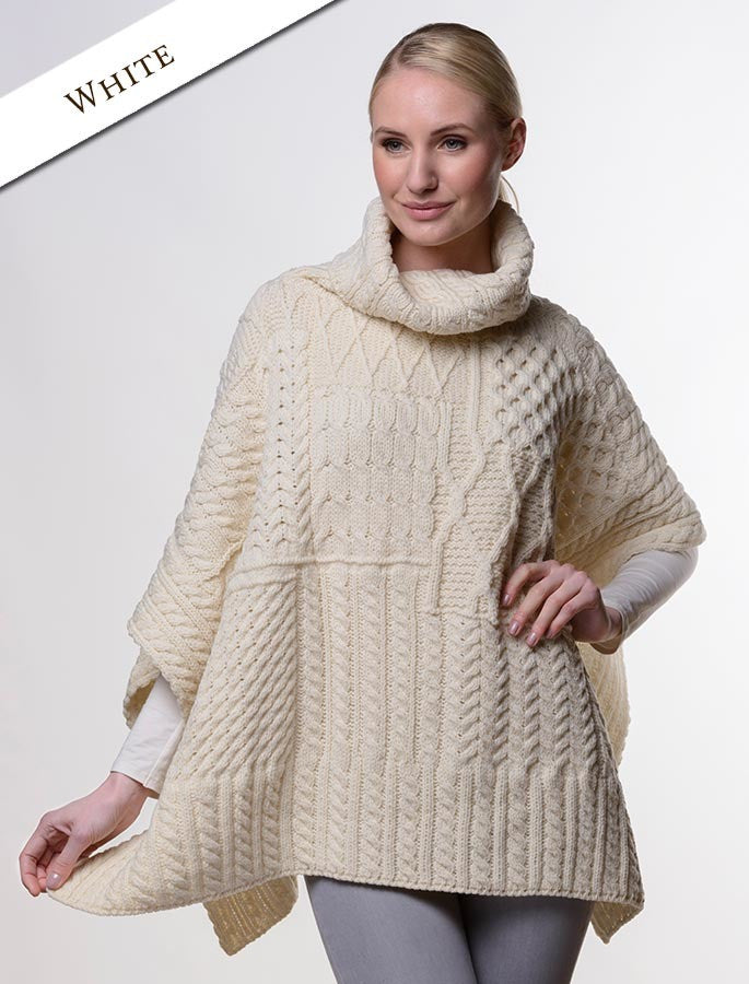 Merino Wool Patchwork Poncho with Collar - White 