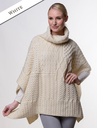Merino Wool Patchwork Poncho with Collar - White 
