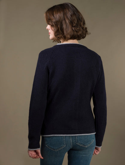 Wool Cashmere Button Down Cardigan - Navy 