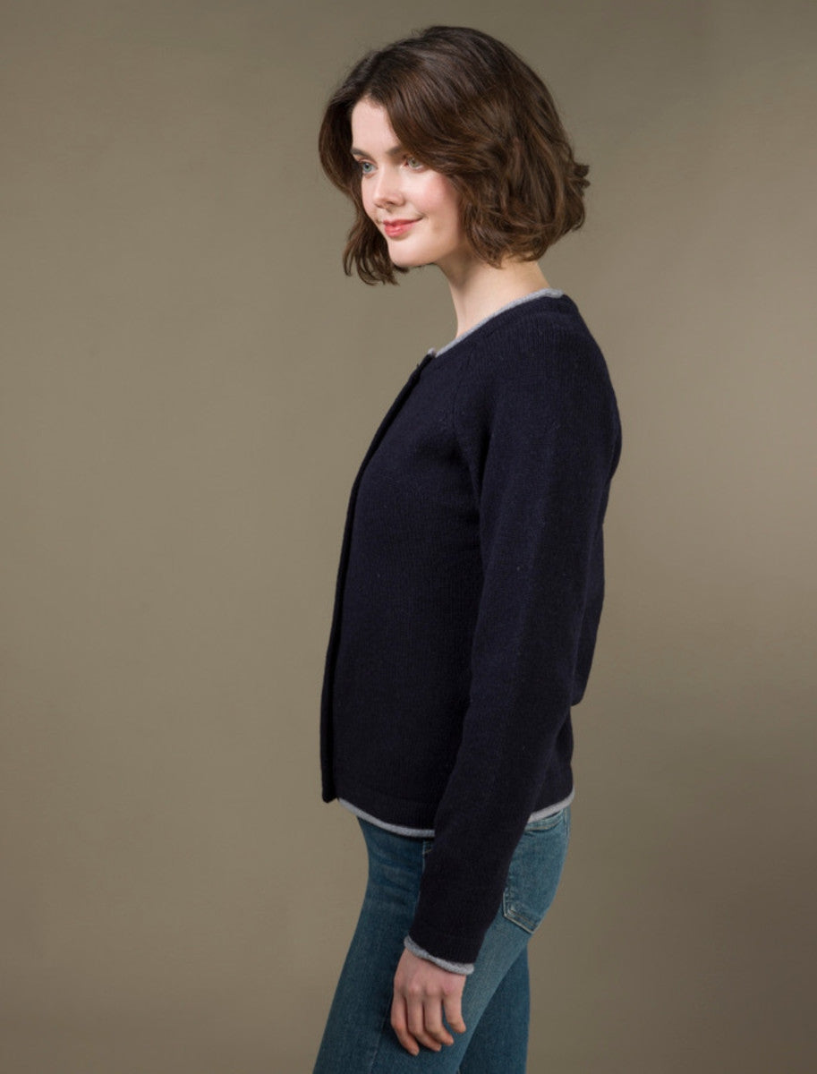 Wool Cashmere Button Down Cardigan - Navy 