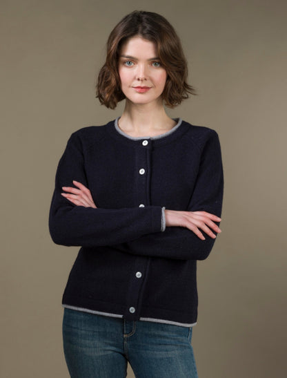 Wool Cashmere Button Down Cardigan - Navy 