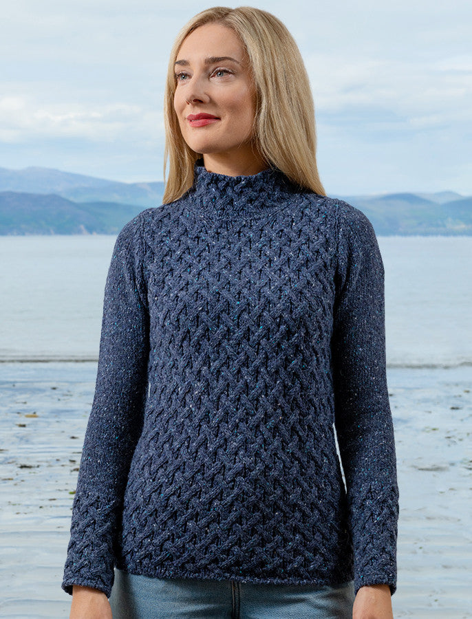 Wool Cashmere Aran Trellis Sweater - Denim 