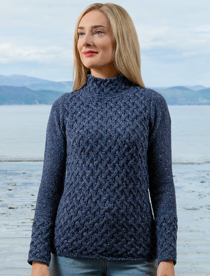 Wool Cashmere Aran Trellis Sweater - Denim 