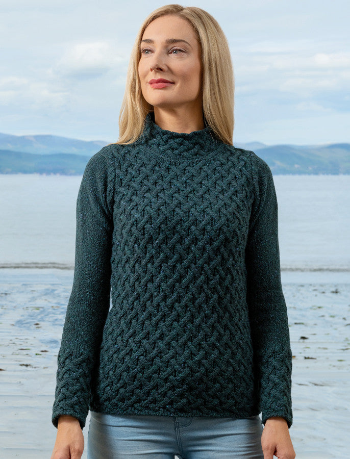Wool Cashmere Aran Trellis Sweater - Forest Glade 