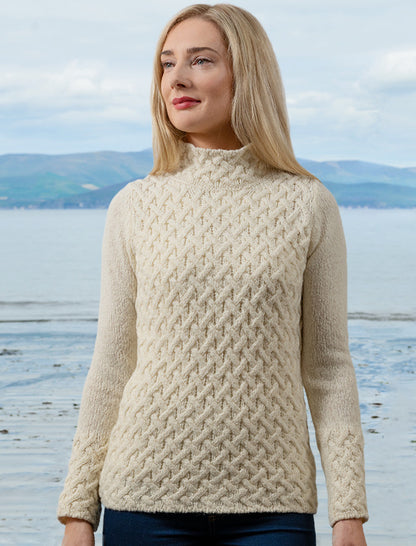 Wool Cashmere Aran Trellis Sweater - White 