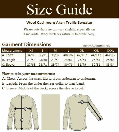 Wool Cashmere Aran Trellis Sweater- Size Guide