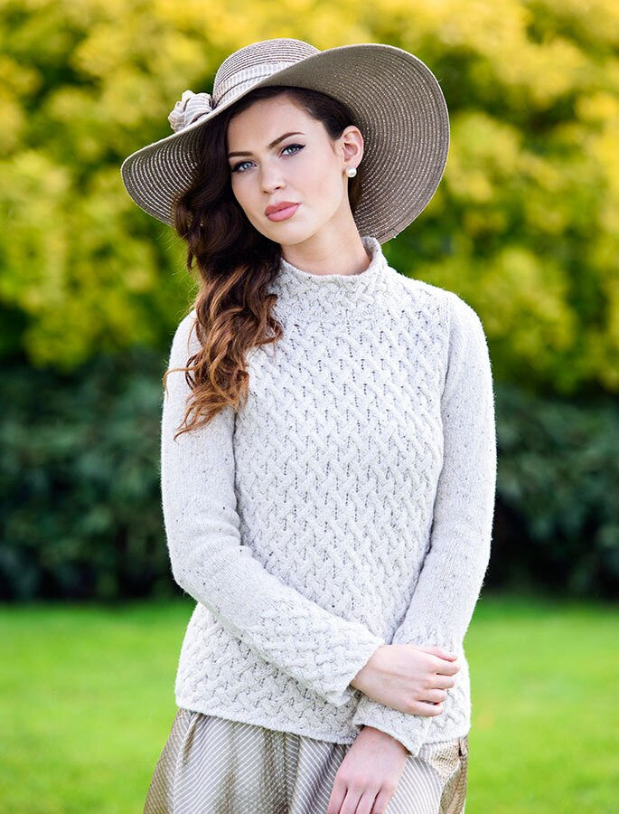 Wool Cashmere Aran Trellis Sweater - Chalkstone 