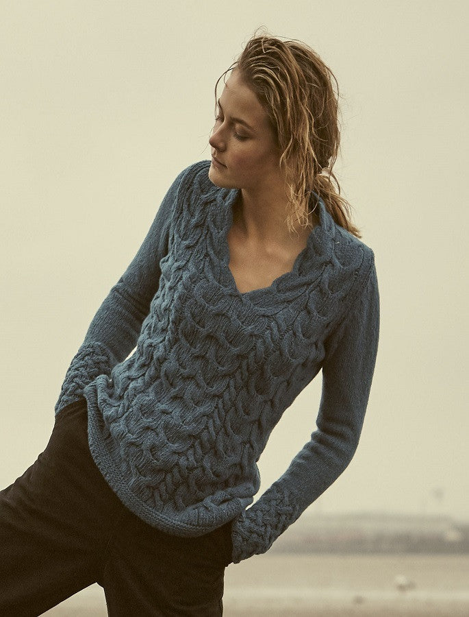 Wool Cashmere Cable V-Neck Sweater - Teal Harbour 