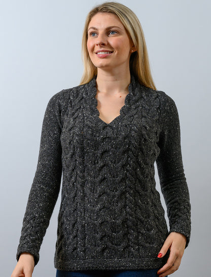 Wool Cashmere Cable V-Neck Sweater - Charcoal 
