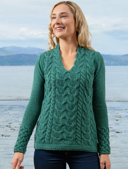 Wool Cashmere Cable V-Neck Sweater - Green Garden 