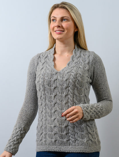 Wool Cashmere Cable V-Neck Sweater - light Grey 