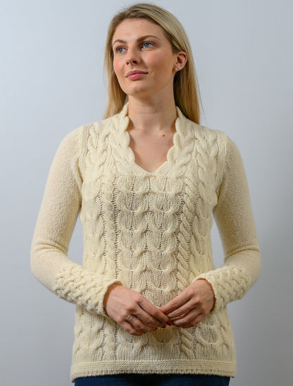 Wool Cashmere Cable V-Neck Sweater - Luxury White 