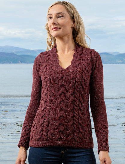 Wool Cashmere Cable V-Neck Sweater - Rich Burgundy 
