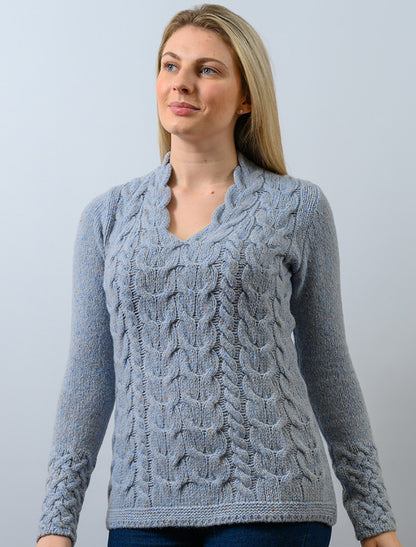 Wool Cashmere Cable V-Neck Sweater - Sky 