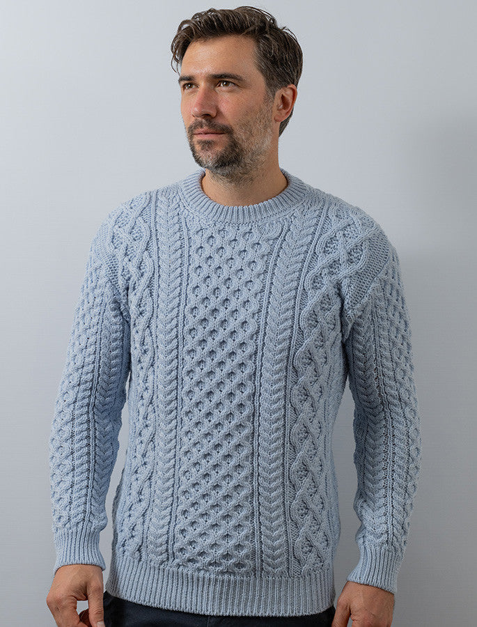 Heavyweight Merino Wool Aran Sweater - Ice Blue 