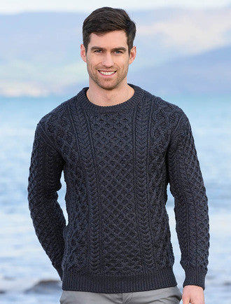 Heavyweight Merino Wool Aran Sweater - Navy Marl