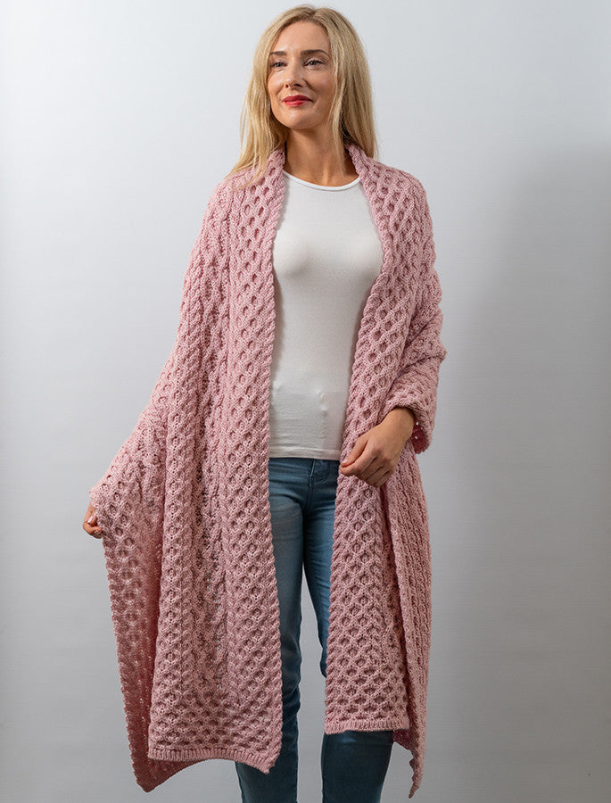 Cable Aran Wrap - Pale Pink 