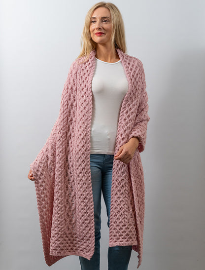 Cable Aran Wrap - Pale Pink 