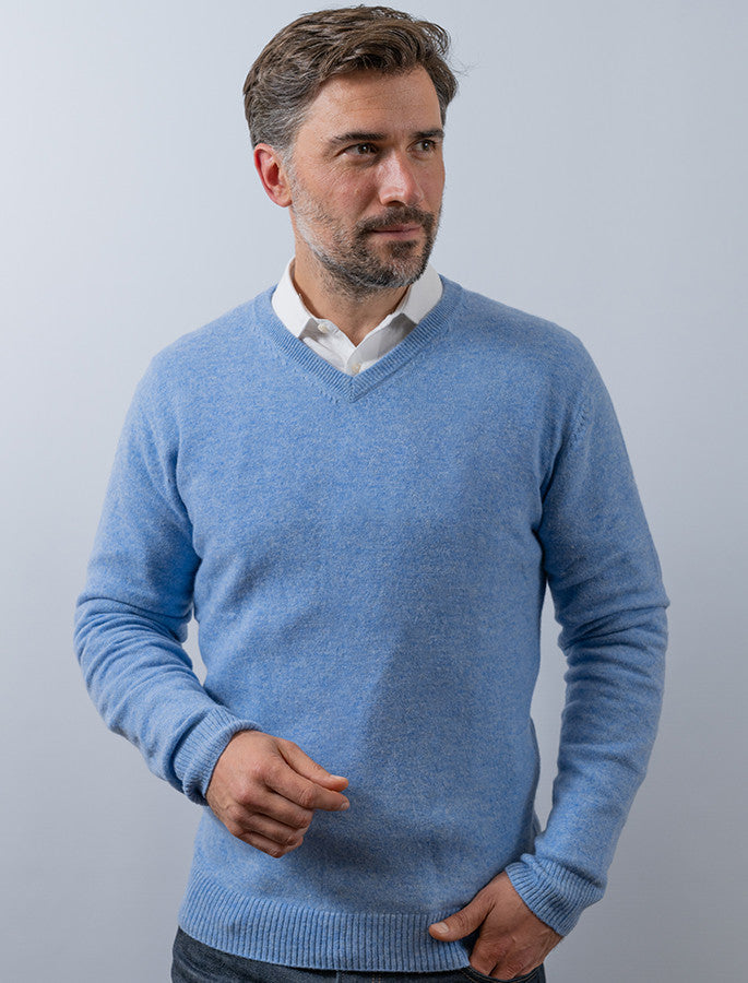Mens Lambswool V-Neck Sweater - Skyline Blue 
