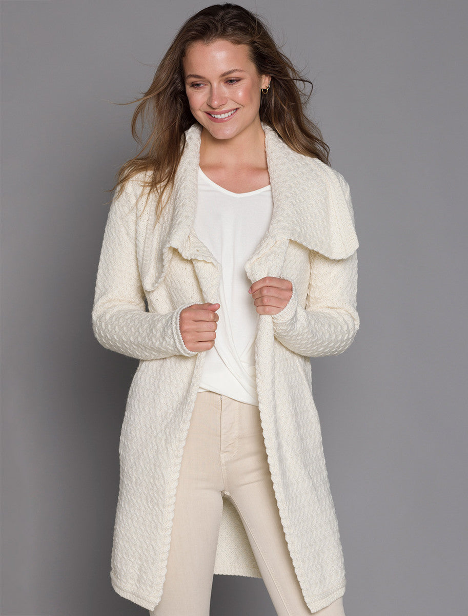 Woven Textured Aran Wrap Coat - Natural White 