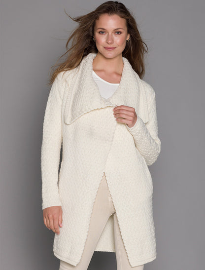 Woven Textured Aran Wrap Coat - Natural White 