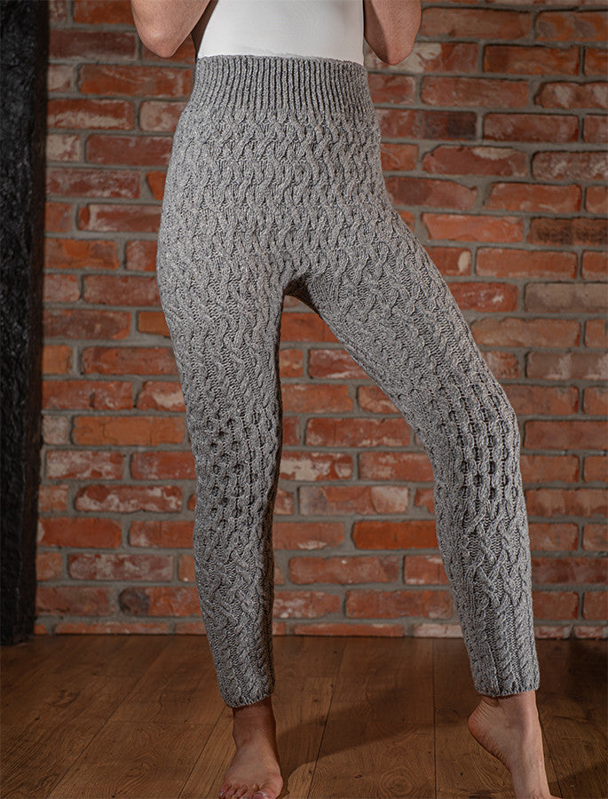 Wool Cashmere Aran Cable Leggings - Light Grey 
