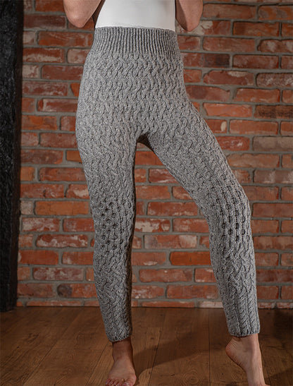 Wool Cashmere Aran Cable Leggings - Light Grey 