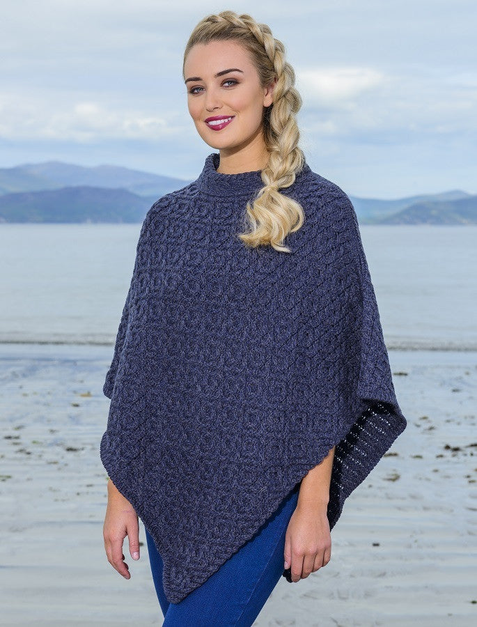 Hawthorn Pattern Aran Poncho - Navy Marl 