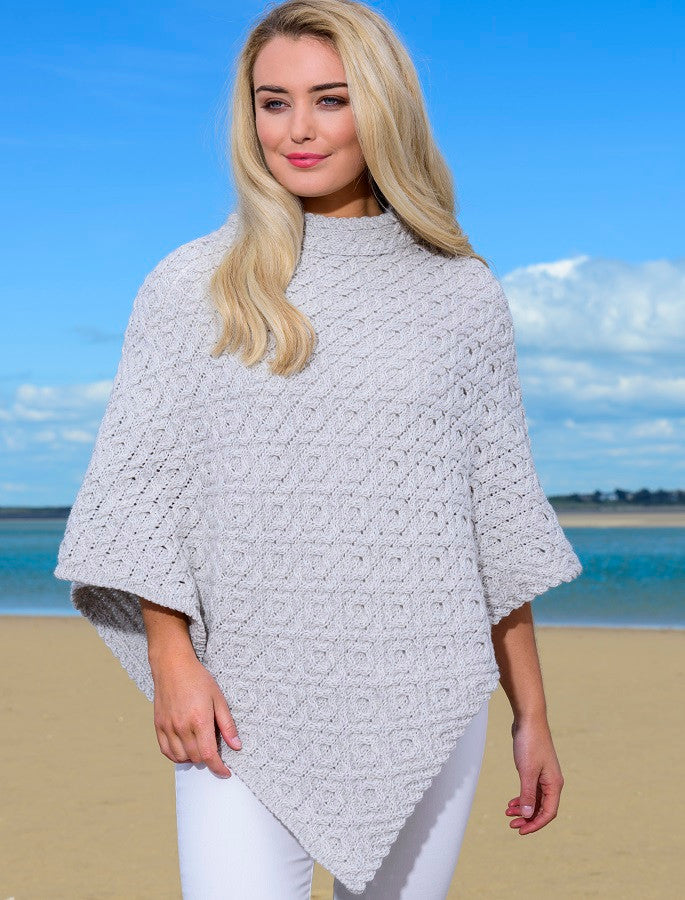 Hawthorn Pattern Aran Poncho - Silver Marl 