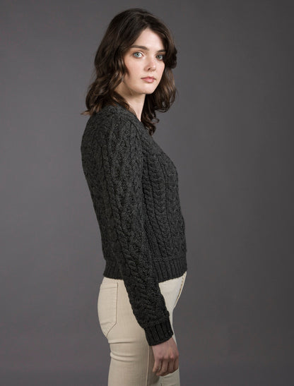 Ladies Cropped Aran Sweater - Graphite 