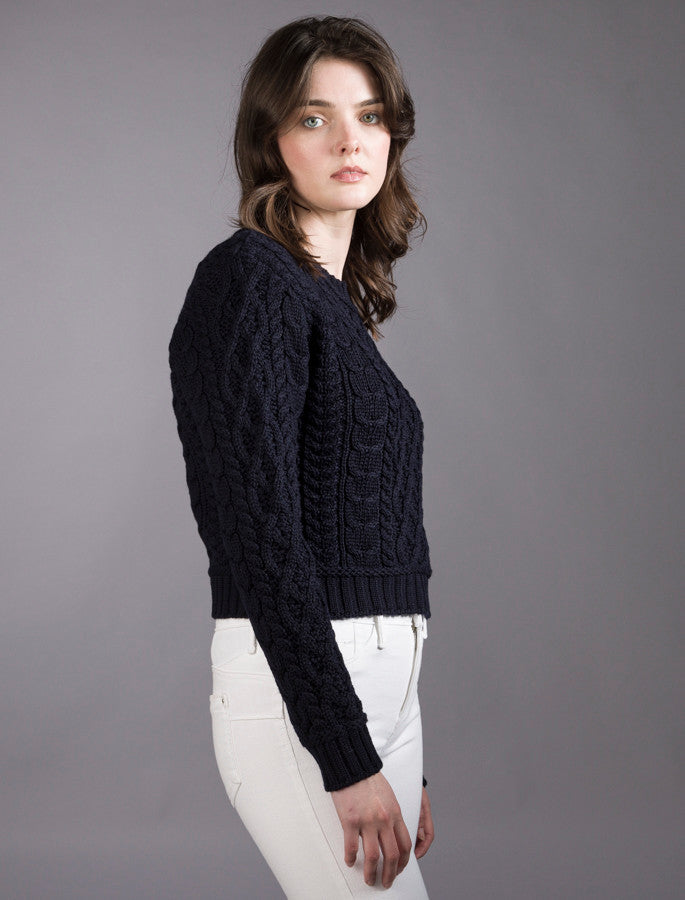 Ladies Cropped Aran Sweater - Navy 