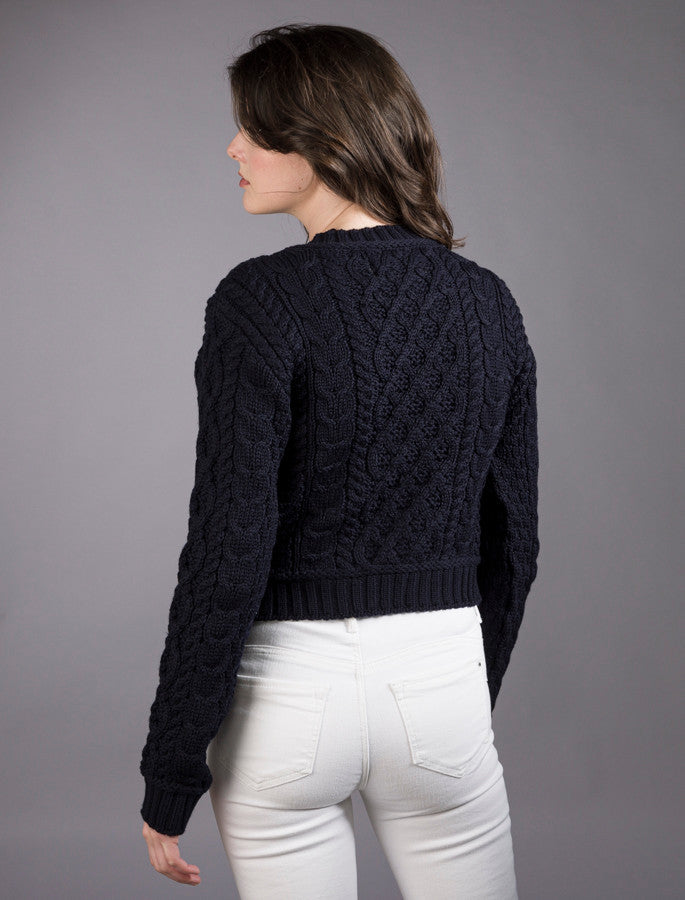 Ladies Cropped Aran Sweater - Navy 