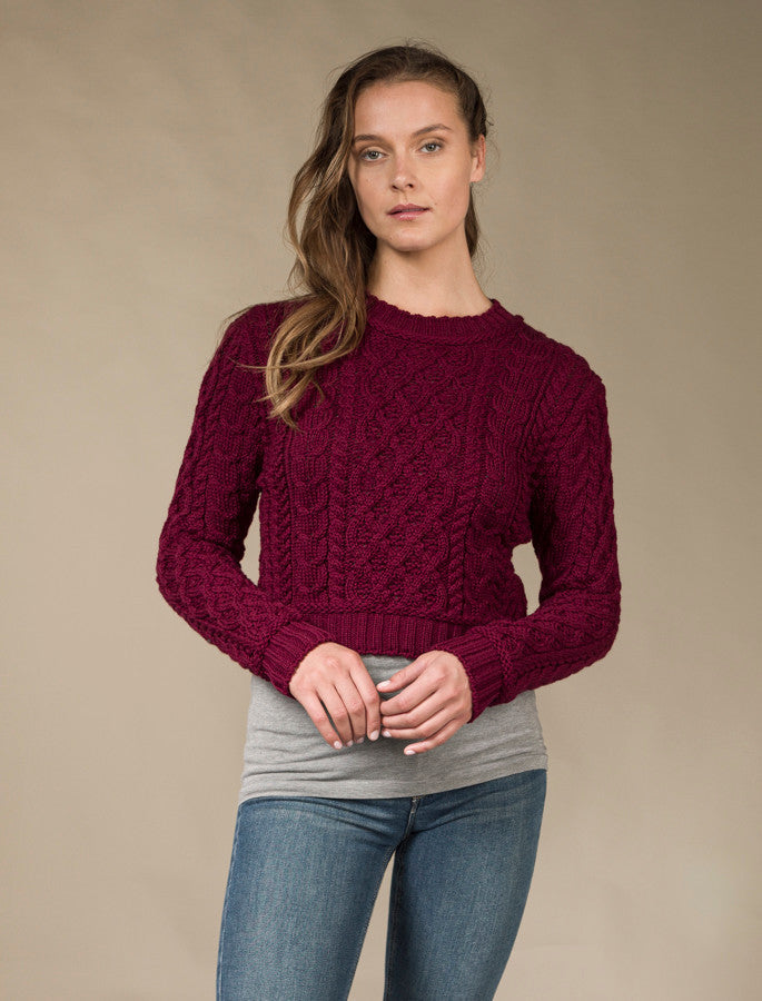 Ladies Cropped Aran Sweater – Claret 